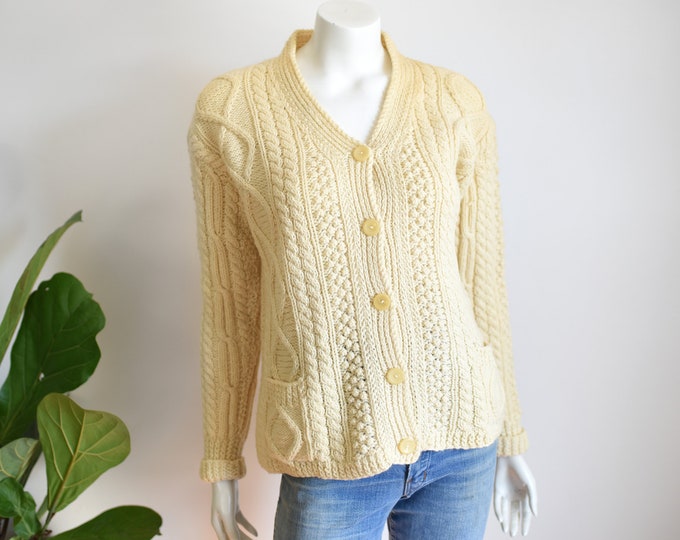 60s Cable Knit Fisherman Cardigan - M