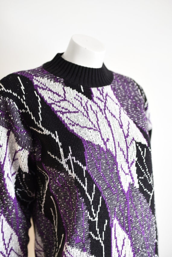 1980s Purple Leaf Print Sweater - M - image 7