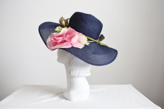 Navy 1970s Sunhat with Huge Flower