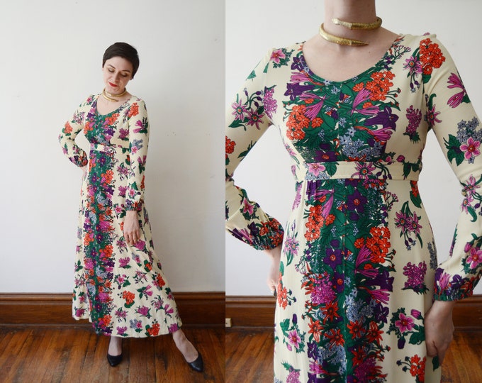 1970s Cream Floral Maxi Dress - S