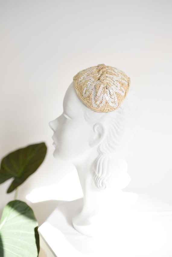 1950s Cream Sequin Headband Hat