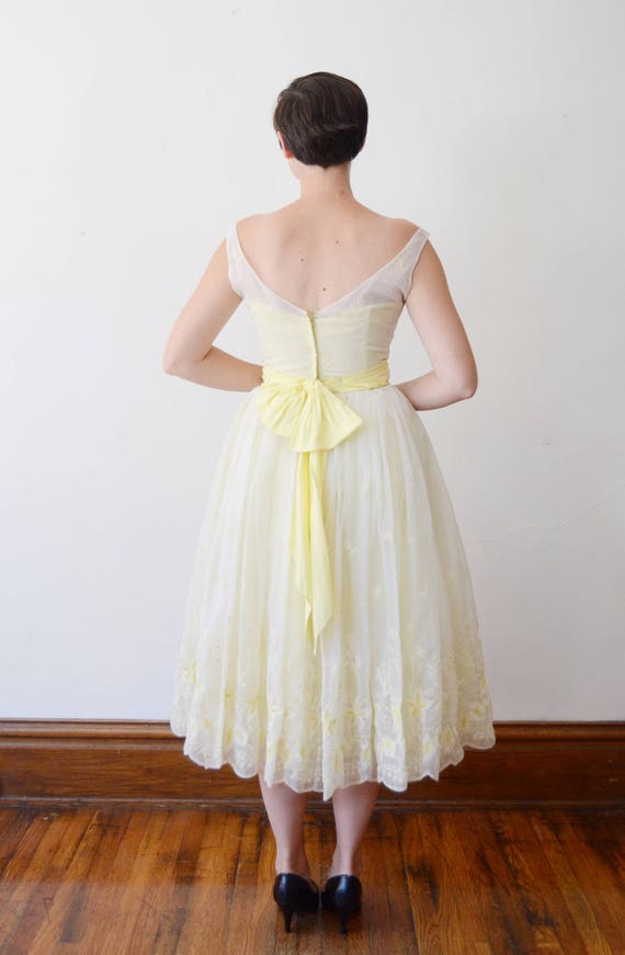 1950s White and Yellow Embroidered Dress - S - image 2