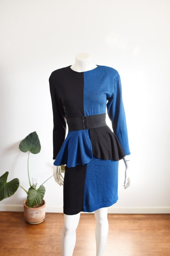 1980s Blue Houndstooth Bodycon Dress - S/M