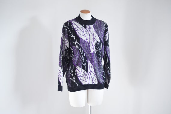 1980s Purple Leaf Print Sweater - M - image 2