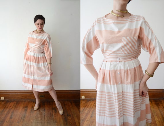 1980s Pink and White Top and Skirt Set - M