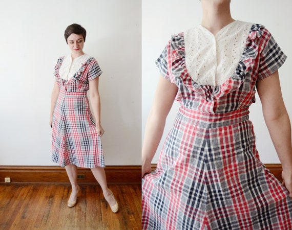 1940s Red and Black Plaid Dress - M