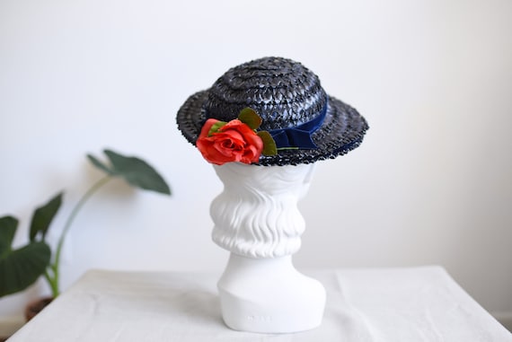 50s Navy Straw Hat with Rose