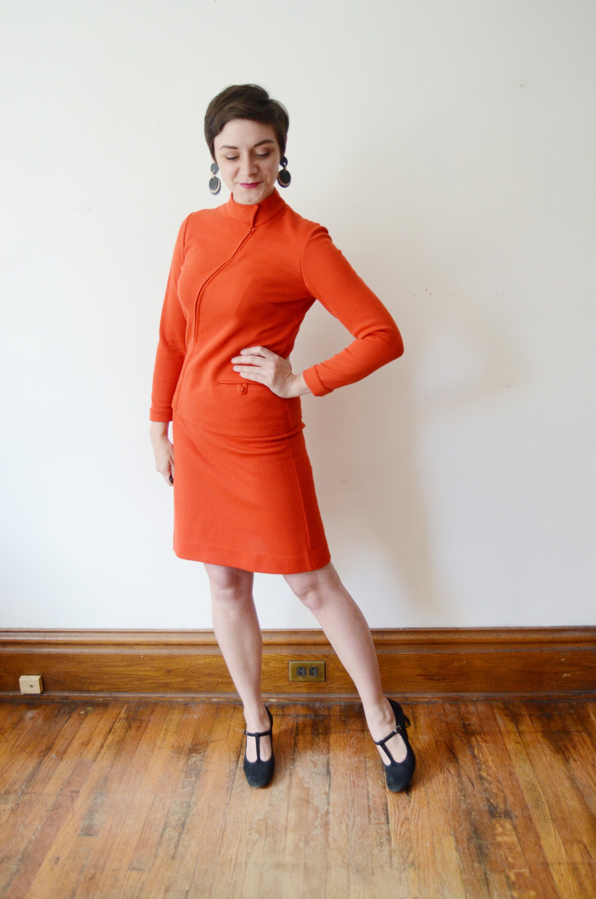 1960s Orange Knit Skirt Suit S