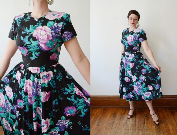 LoveCharles 1980s Black Floral Jersey Dress - M