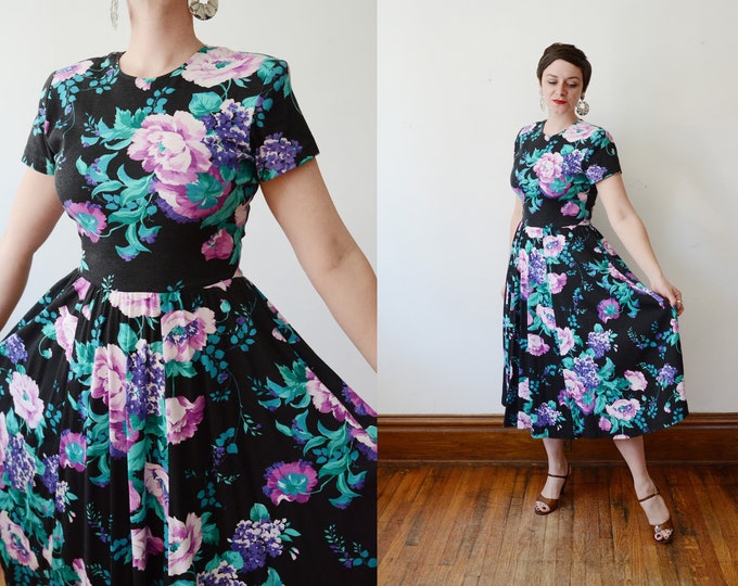 1980s Black Floral Jersey Dress - M