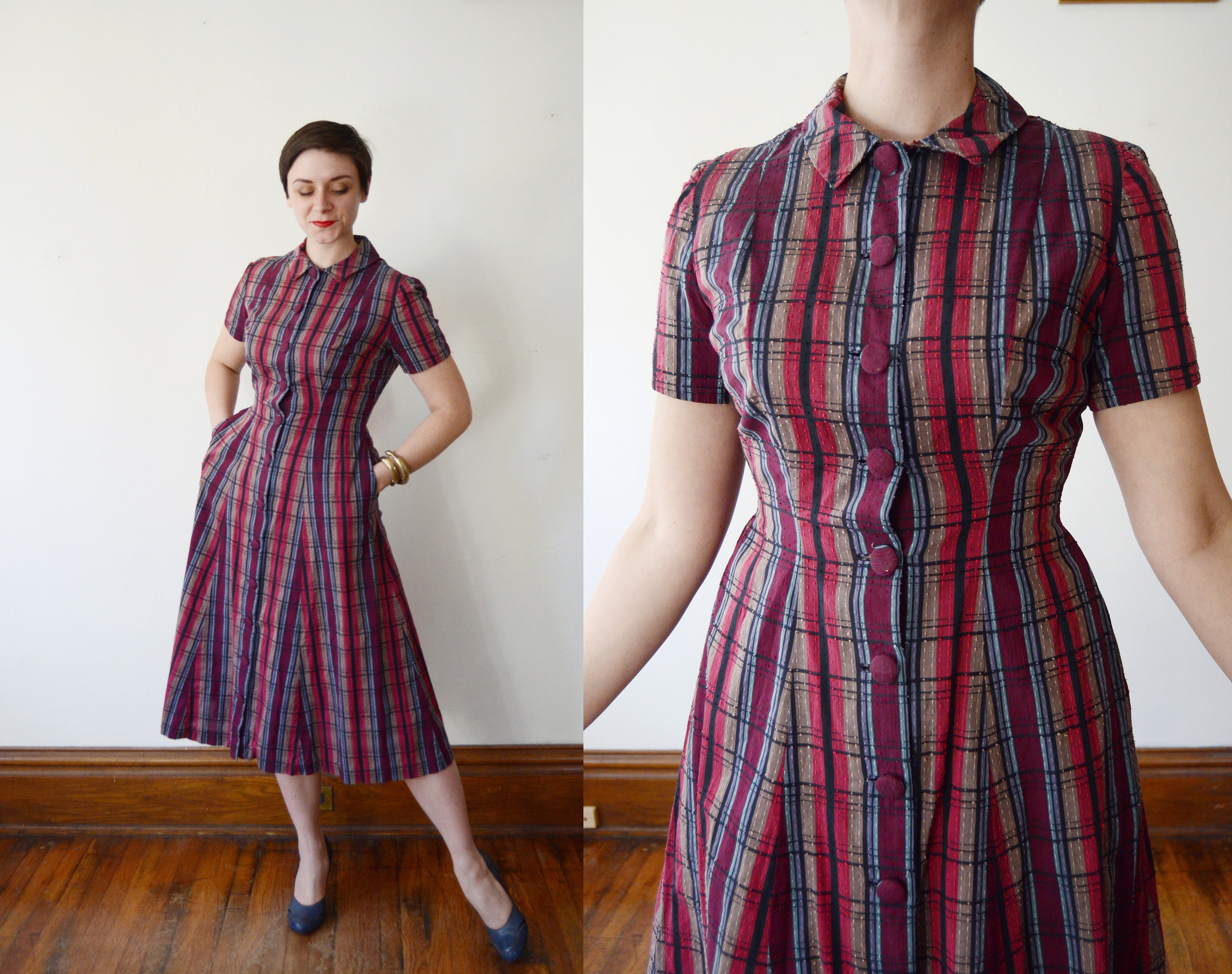 1950s Maroon Plaid Shirtdress - M