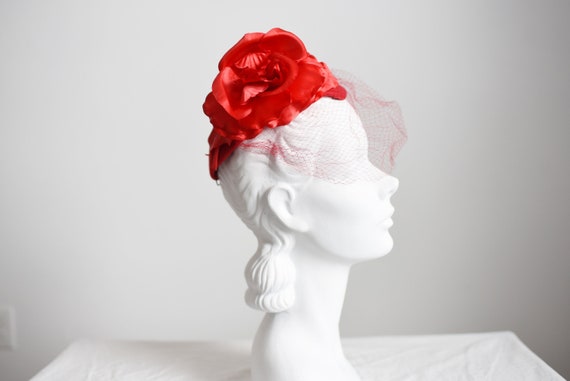 1980s Red Floral Cap with Veil