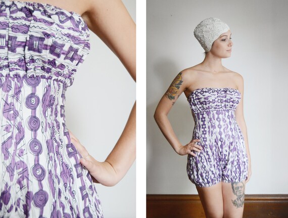 Deala of Miami 1950s Purple Patterned Playsuit - S