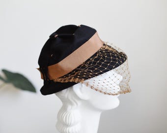 1940s Black Hat with Brown Veil