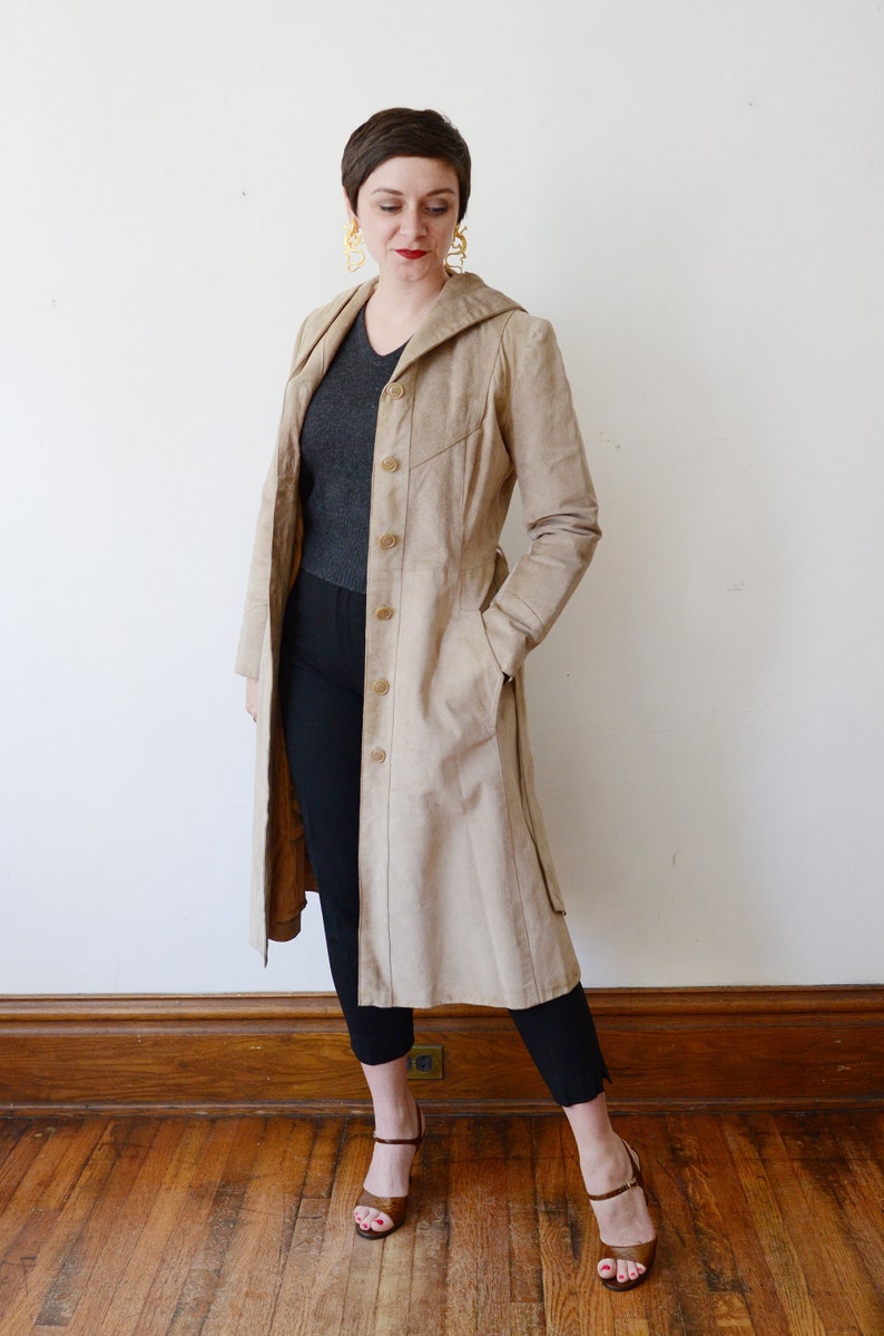 XSS 1970s Tan Leather Hooded Trench Coat