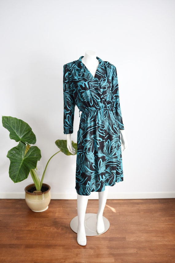 1980s Black and Turquoise Shirtwaist Dress - M