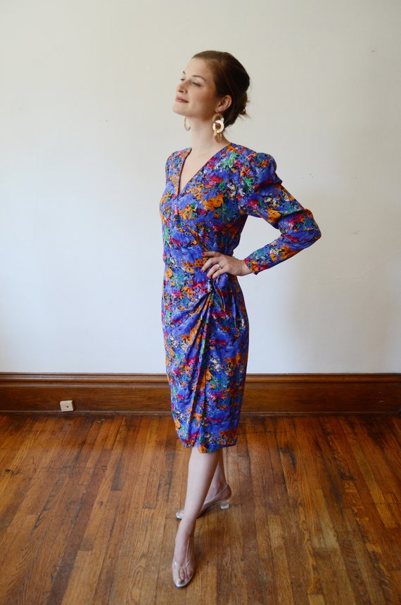 1980s Floral Print Silk Wrap Dress - M - image 2