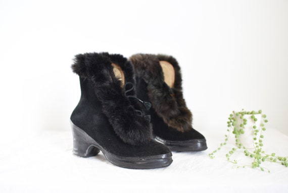 1940s Rabbit Fur Black Galoshes - 5.5
