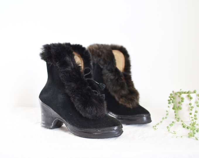 1940s Rabbit Fur Black Galoshes - 5.5