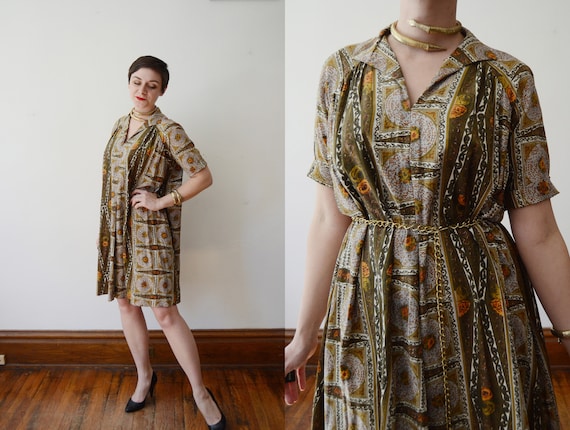 1960s Olive Green Floral Tent Dress - M