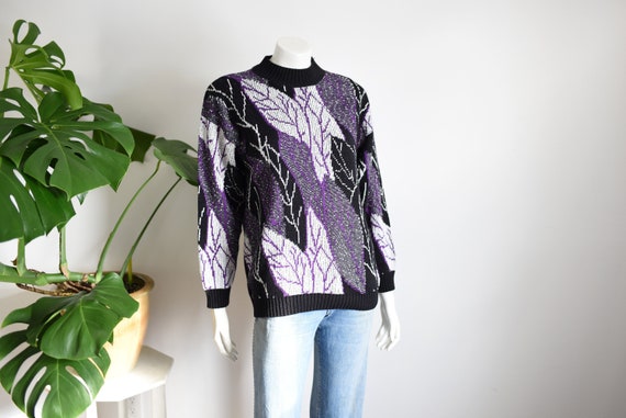 1980s Purple Leaf Print Sweater - M - image 1