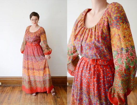 1970s Red Floral Maxi Dress - M