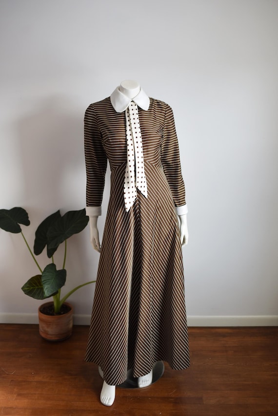 1970s Brown Pinstripe Maxi Dress - S/M