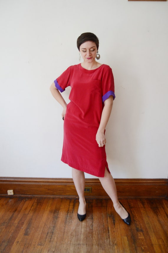 1980s Red Silk Dress - M