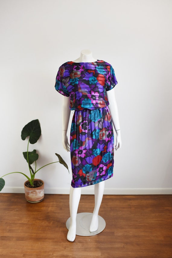 1980s Floral Silky Pullover Dress - S