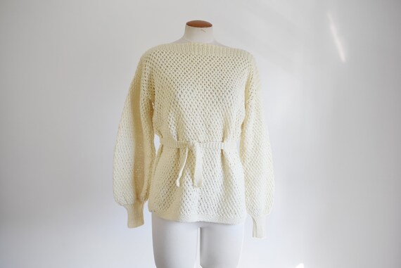 1980s Hand Knit Cream Belted Sweater - S/M