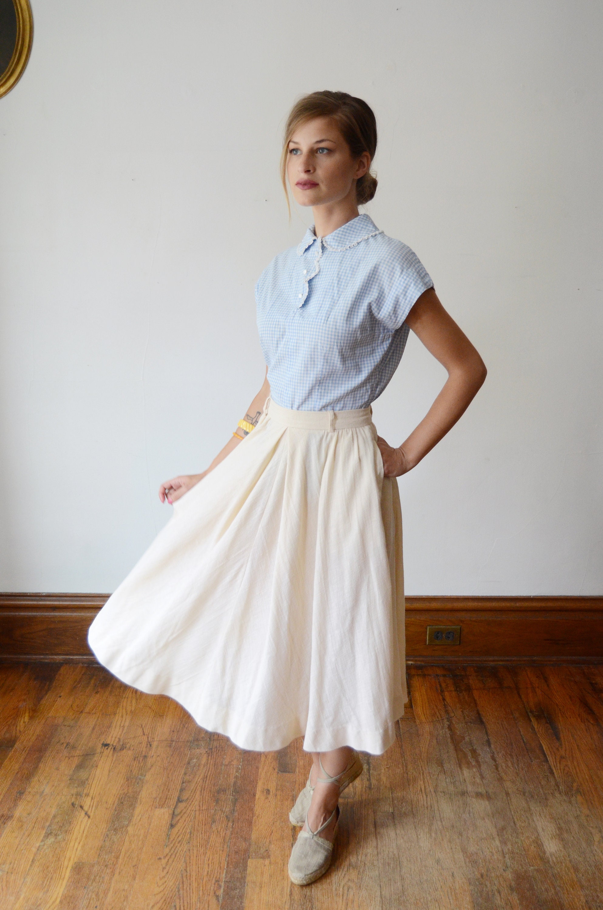 1950s Blue Gingham Blouse S