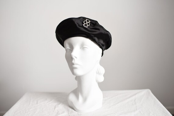 60s Frank Olive Black Satin Beret - image 1