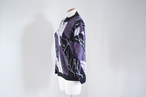 1980s Purple Leaf Print Sweater - M - image 4