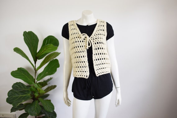 SALE 1970s Cream Wool Crochet Vest - S