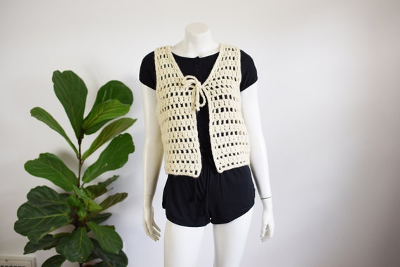 1970s Cream Wool Crochet Vest - S - image 1