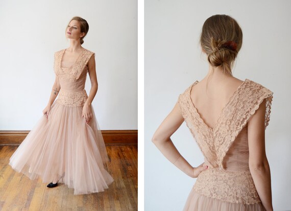 1950s Beige Tulle Emma Domb Party Dress - XS