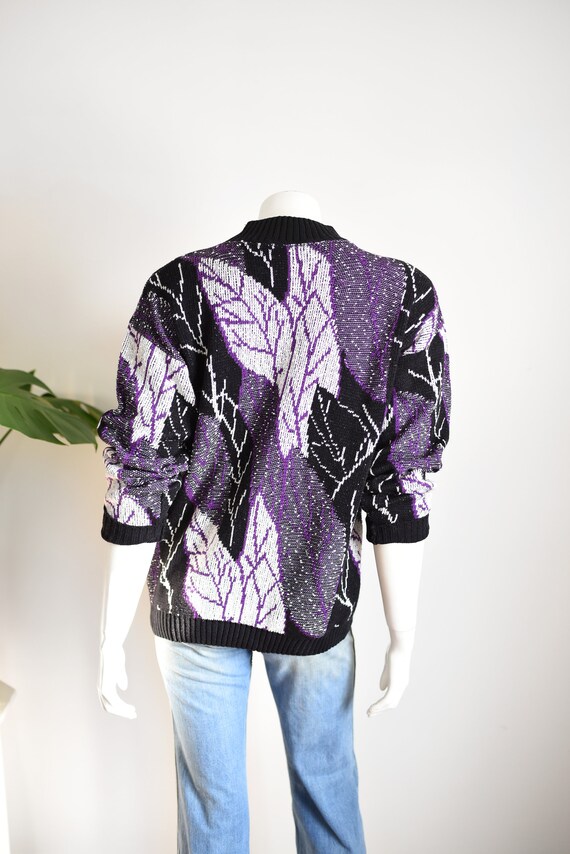 1980s Purple Leaf Print Sweater - M - image 9