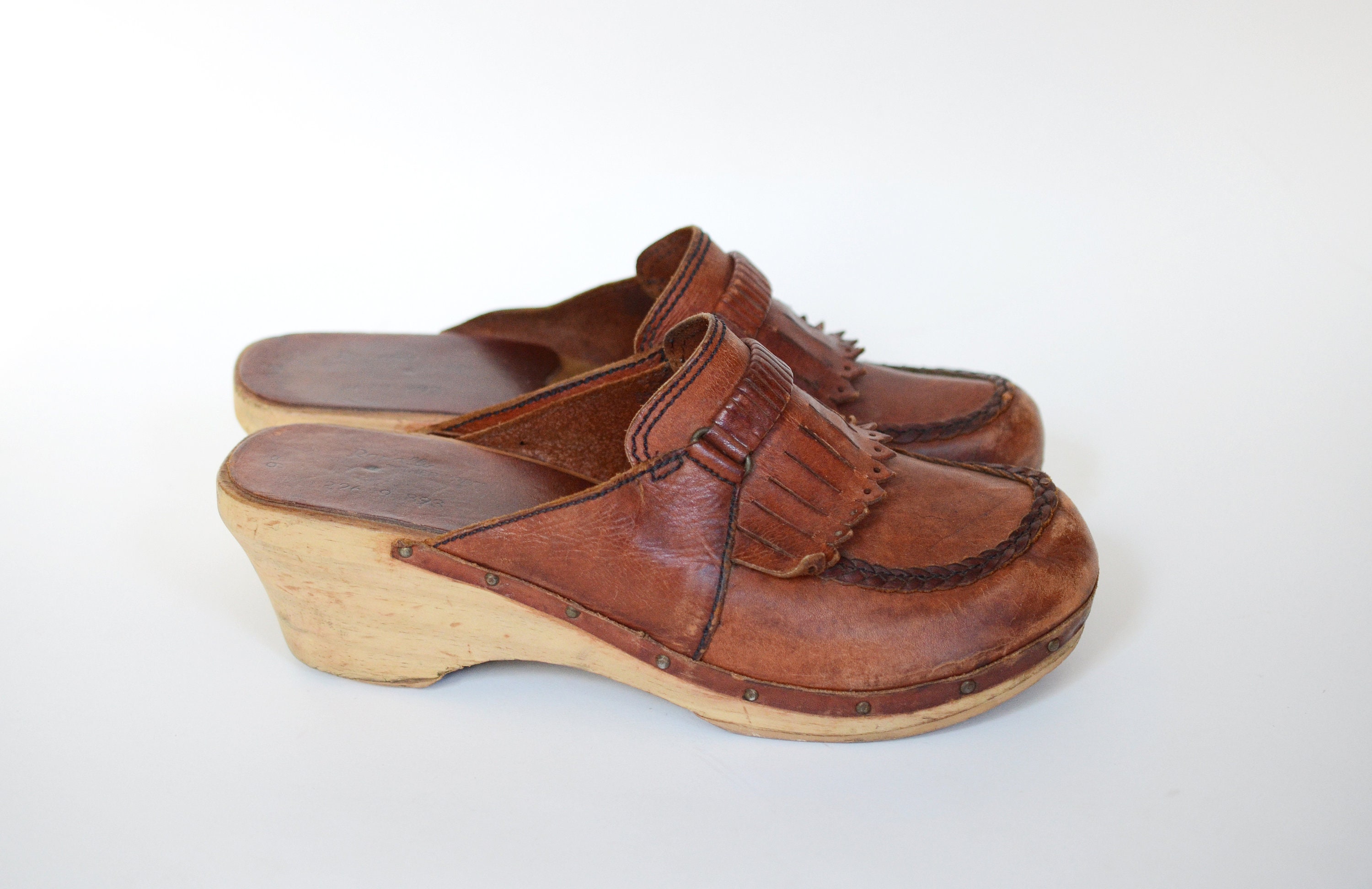 1970s Wood and Leather Clogs - US9B