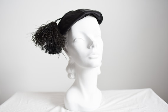 1950s Satin Beret with Feather Pom Pom