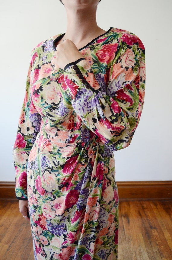 1980s Silk Floral Dress - M - image 8