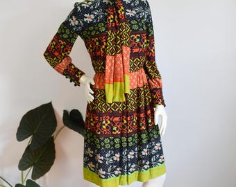 late 60s/ early 70s Acrylic Jersey Neon Patterned Dress - S