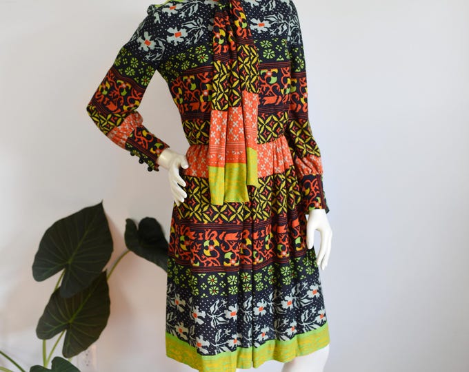 late 60s/ early 70s Acrylic Jersey Neon Patterned Dress - S