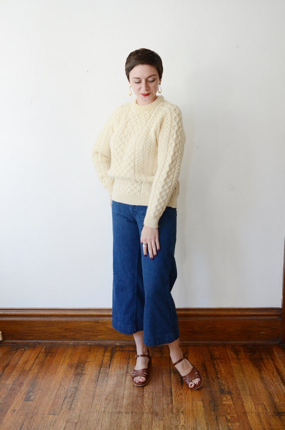 80s Cream Wool Fisherman Sweater - M