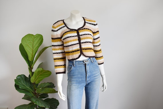 1970s Handknit Cropped Cardigan - S/M - image 1