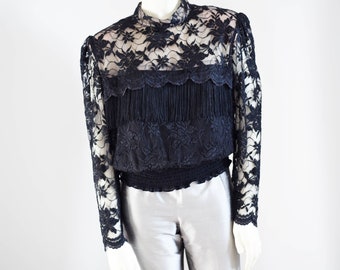 1980s Andree Gaye Black Lace Blouse with Fringe