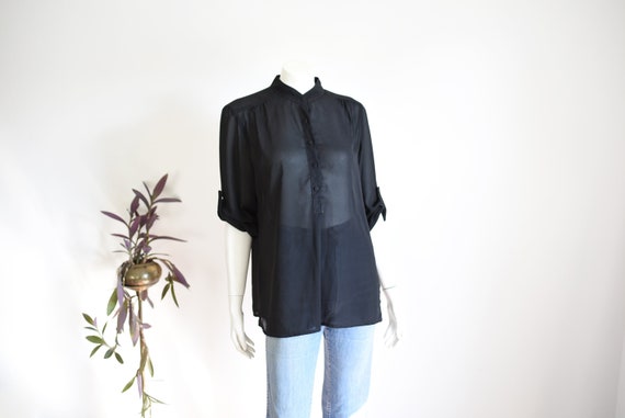 70s Sheer Black Blouse - S/M - image 1