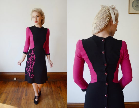 1940s Fuchsia and Black Colorblock Dress - XS