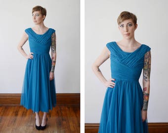1950s Teal Handmade Gathered Party Dress  - S