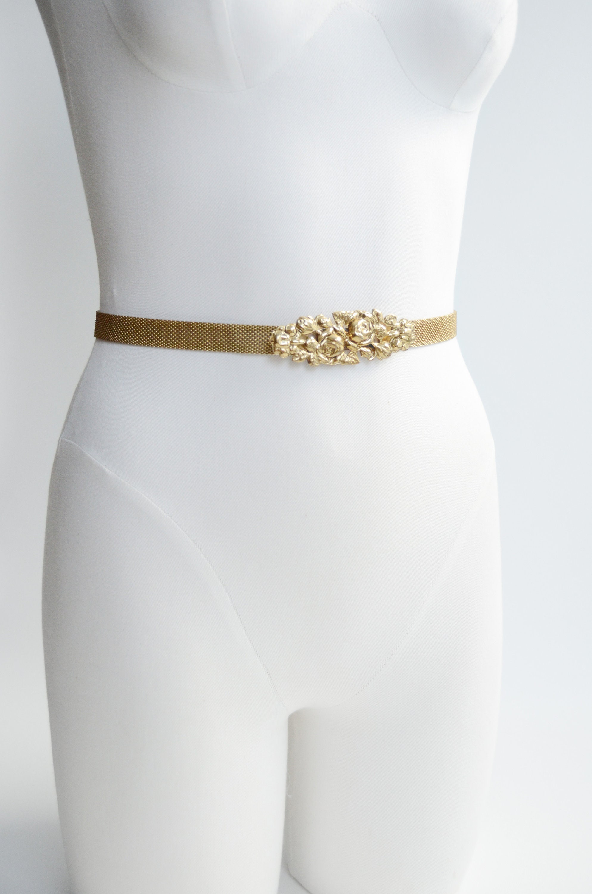 Gold Metal Mesh Belt with Rose Buckle