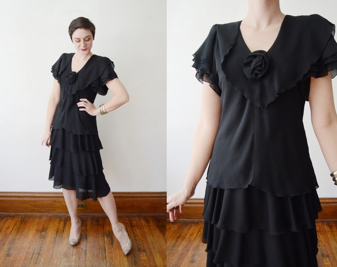 1980s Black Chiffon Party Dress - S